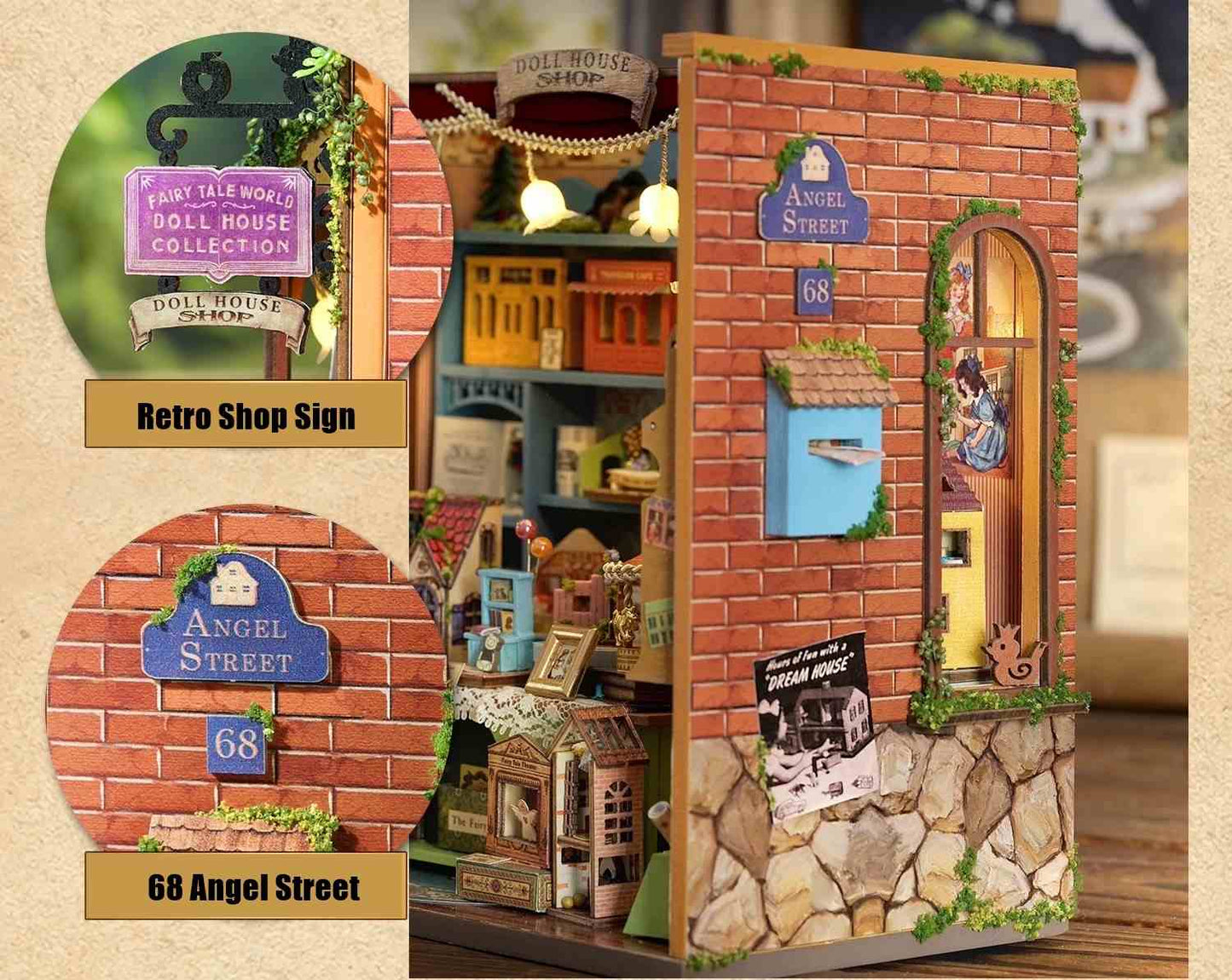 Miniature dollhouse with detailed exterior and interior, featuring a retro shop sign and street address.