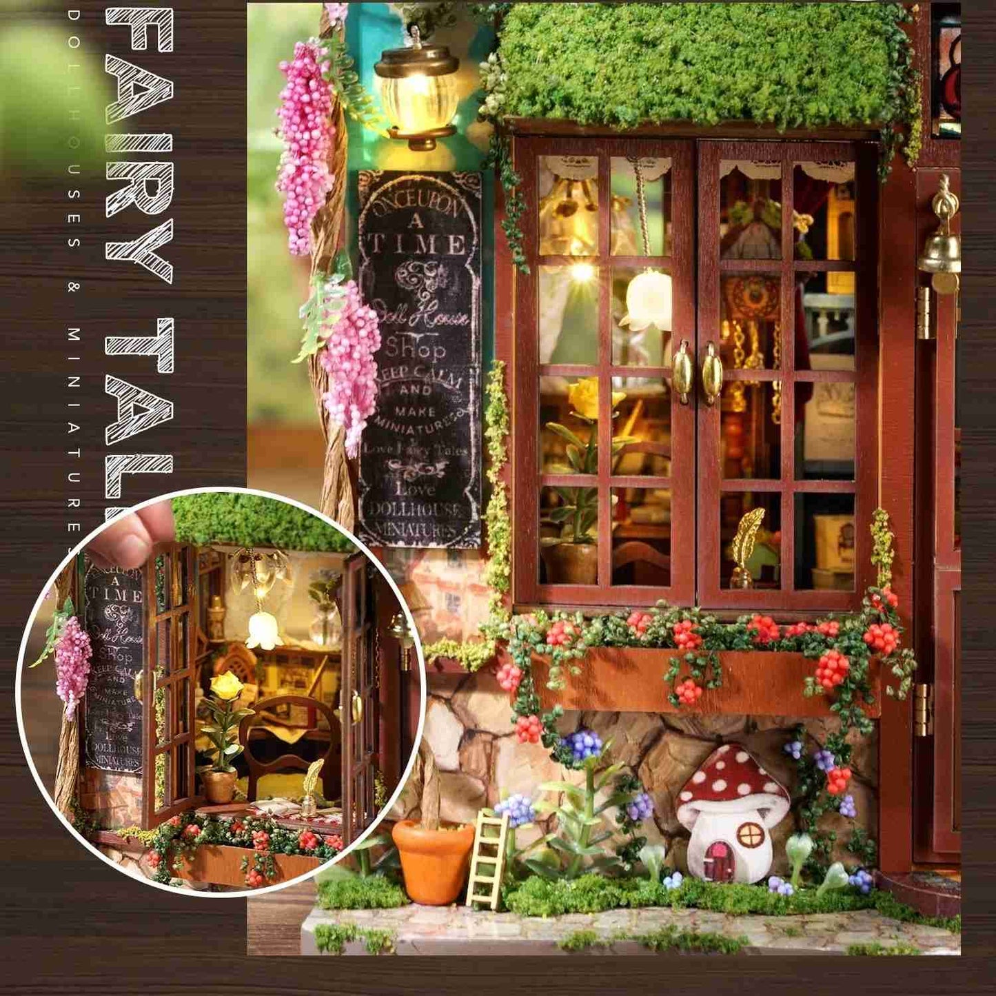 Miniature fairy tale house with decorative elements and a close-up inset.