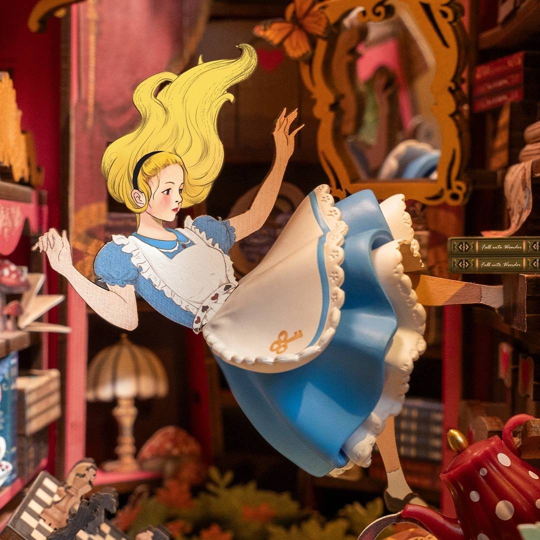 close-up miniature Alice in Fall Into Wonder Book Nook