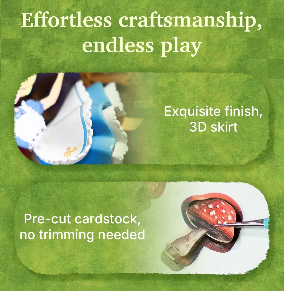 image displaying the 3D skirt and no-cutting-required stickers in Fall Into Wonder Book Nook DIY Kit