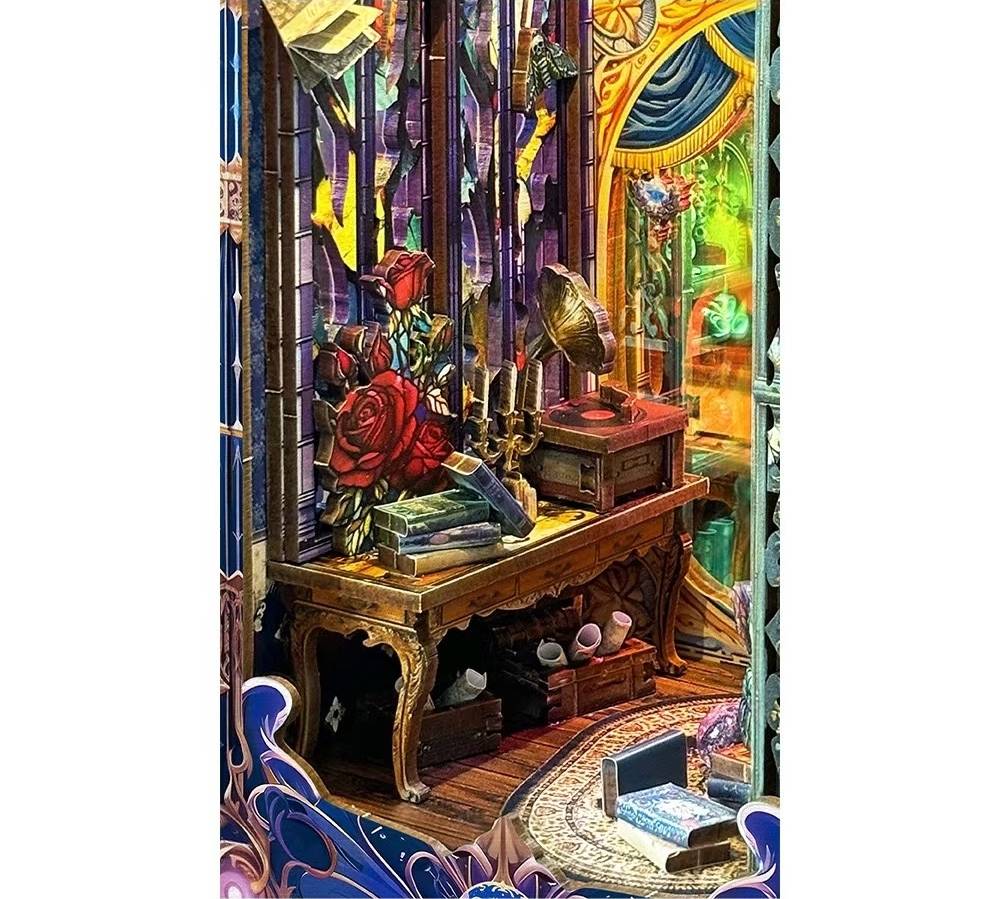 image displaying the miniature vintage table and goods in the Fantasy Store DIY Book Nook Kit