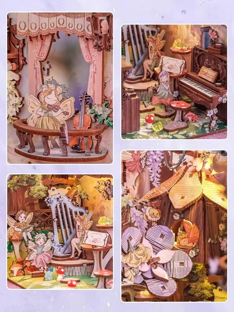 Flower Forest Concert DIY Book Nook Kit, A charming fairyland themed miniature crafts, perfect for DIY crafting enthusiasts and dollhouse collectors alike. Ideal for bookshelf decor of gift for fairyland lovers