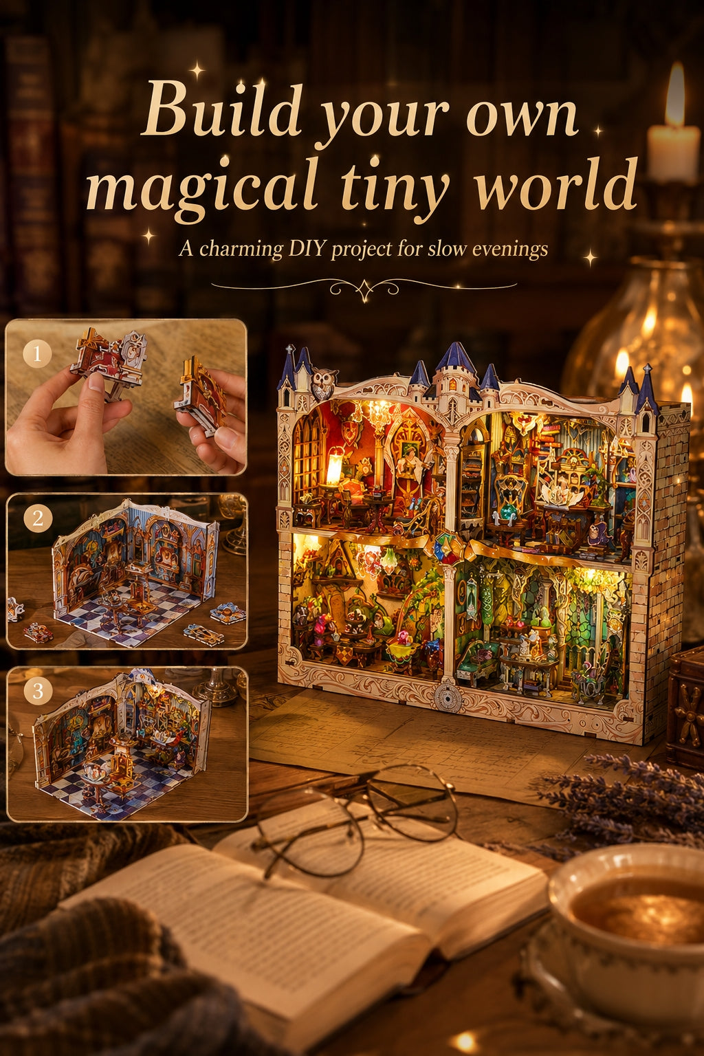 DIY miniature world project with text 'Build your own magical tiny world' on a cozy evening setting.