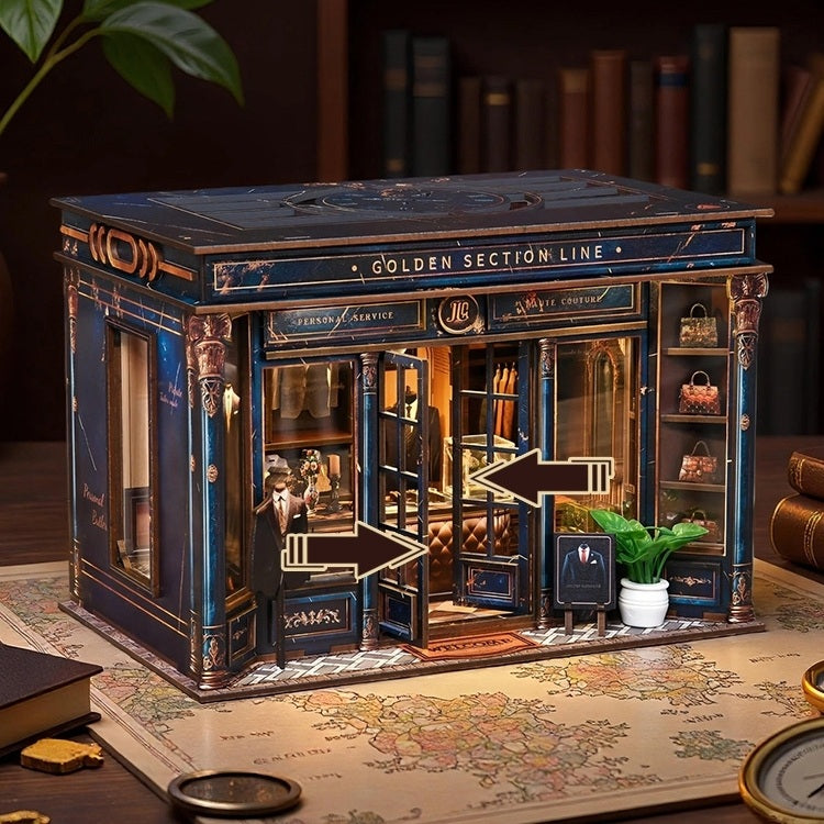 Detailed tailor shop themed miniature house model of a vintage store with moving parts on a world map