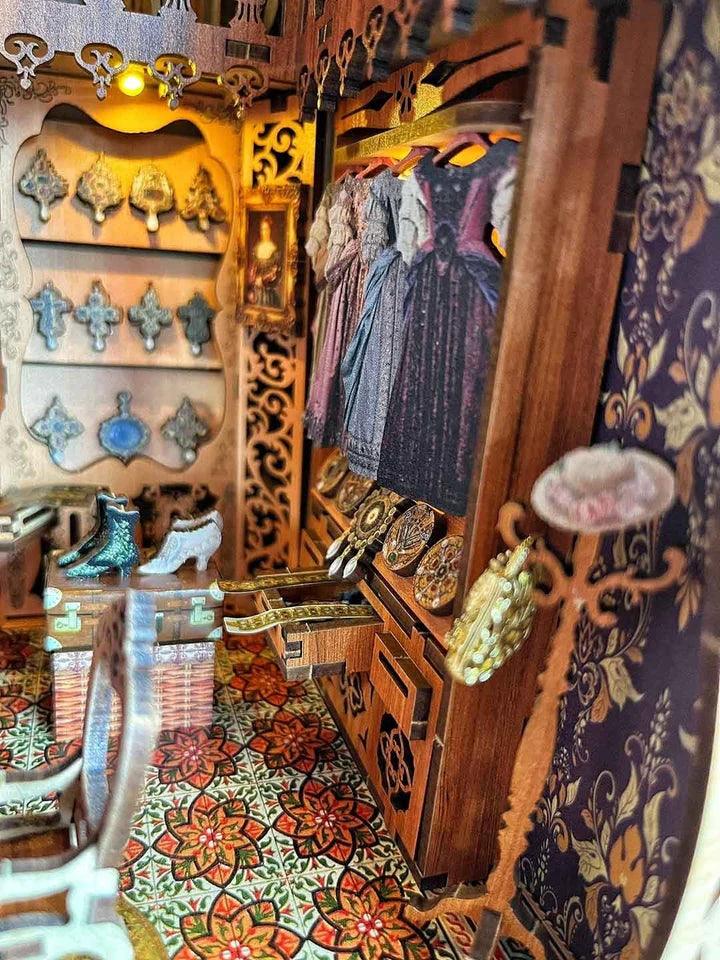 Gorgeous Wardrobe of Duchess 3D Wooden Book Nook Bookshelf insert Diorama, wooden puzzles bookend, miniature house book stand
