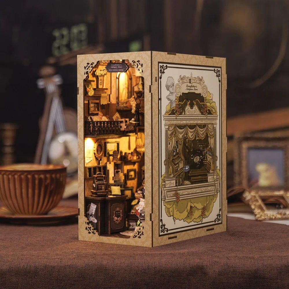 Grandfather’s Antique Store DIY Book Nook Kit, Bookshelf Insert Decor Diorama, 3D Wooden Puzzle Book end, Miniature Book Stand