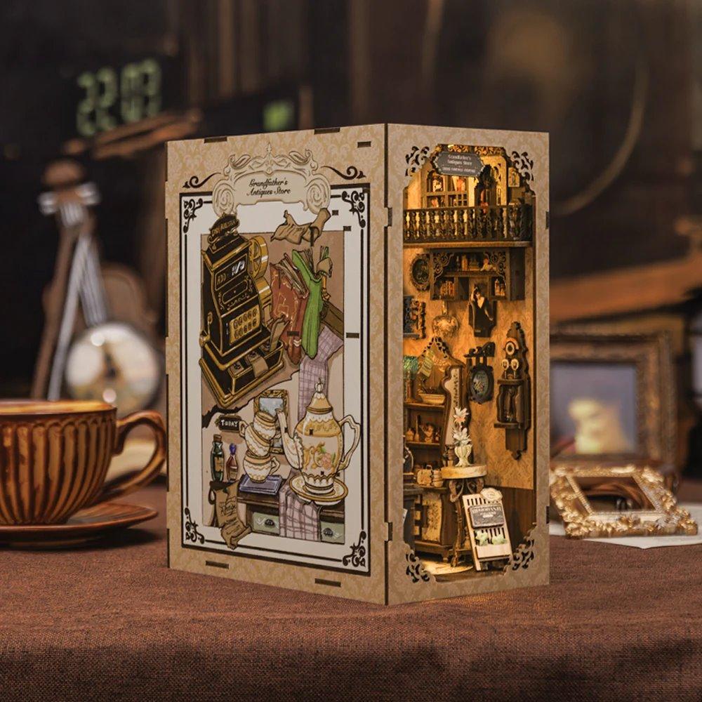 Grandfather’s Antique Store DIY Book Nook Kit, Bookshelf Insert Decor Diorama, 3D Wooden Puzzle Book end, Miniature Book Stand