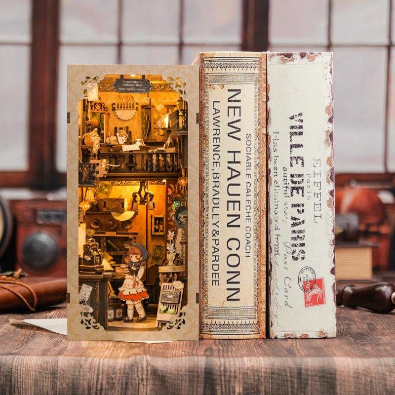 Grandfather’s Antique Store DIY Book Nook Kit, Bookshelf Insert Decor Diorama, 3D Wooden Puzzle Book end, Miniature Book Stand