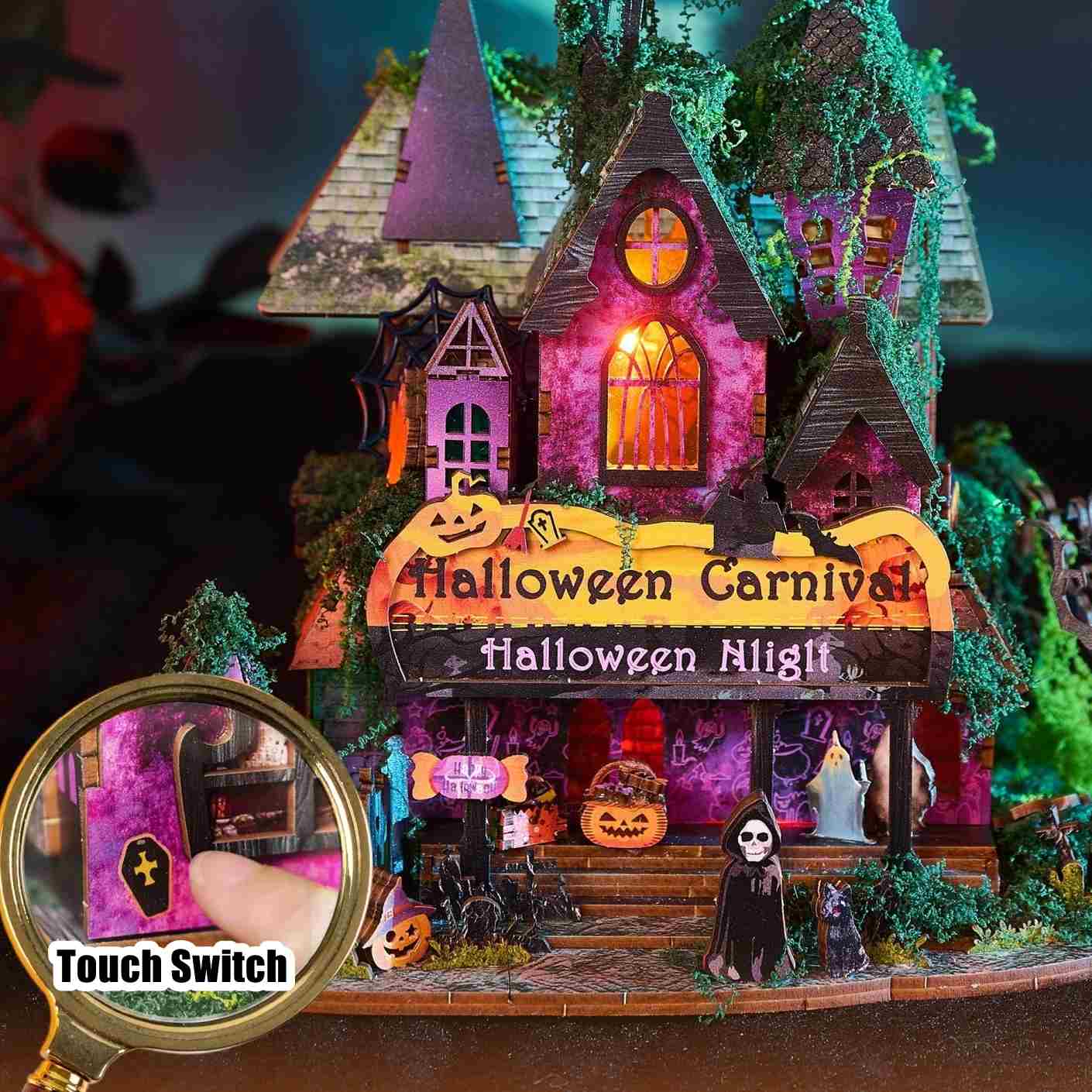 Halloween-themed miniature house with glowing lights and decorations, featuring a touch switch.