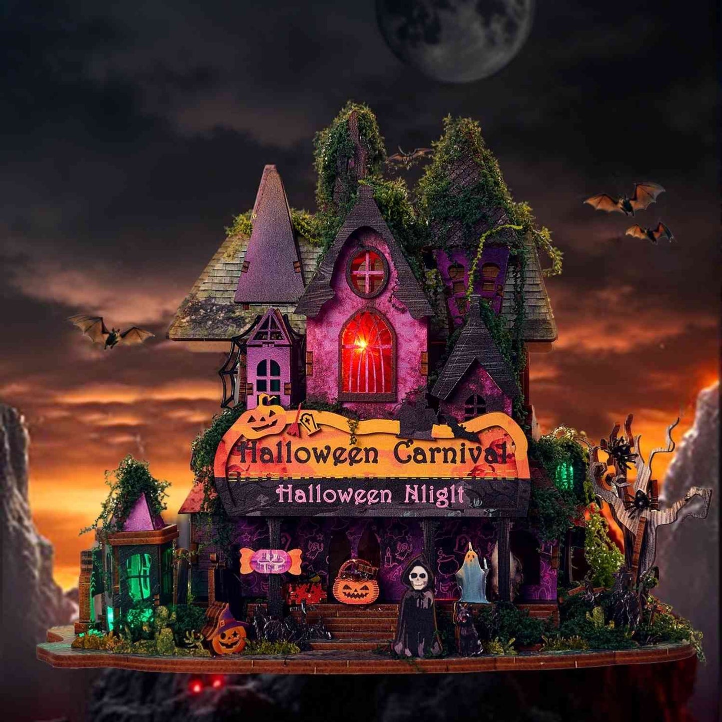 Halloween-themed miniature house with glowing lights against a dark sky.