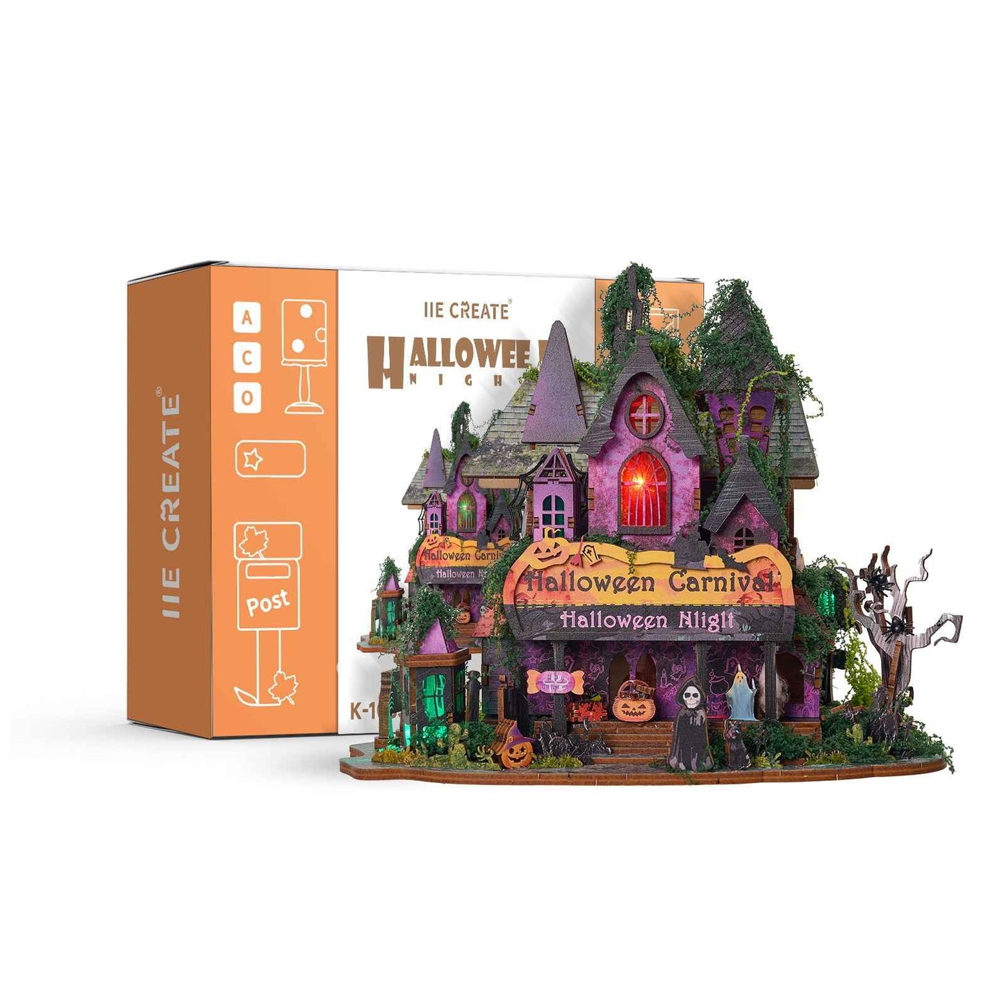 Halloween-themed DIY Miniature house with decorative elements and its packing box on a white background.