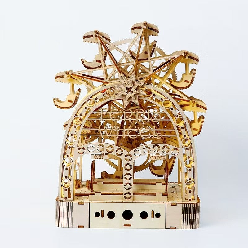 image display an assembled Hand Cranked Ferris Wheel 3D Wooden Puzzle with light on in table setting