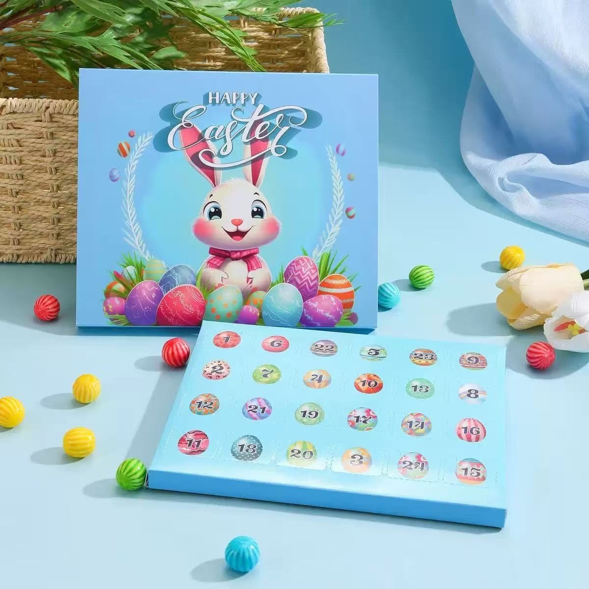 Easter-themed advent calendar countdown box with a cartoon bunny and colorful eggs
