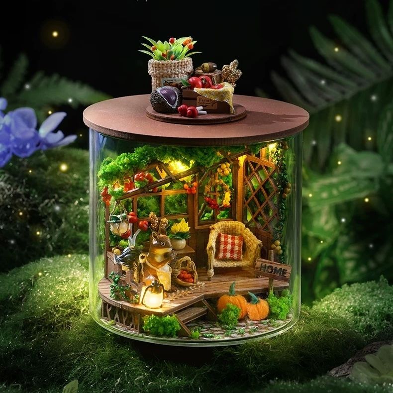 image displaying an finished the Harvest Festival DIY Miniature House Kit in a magical forest themed setting