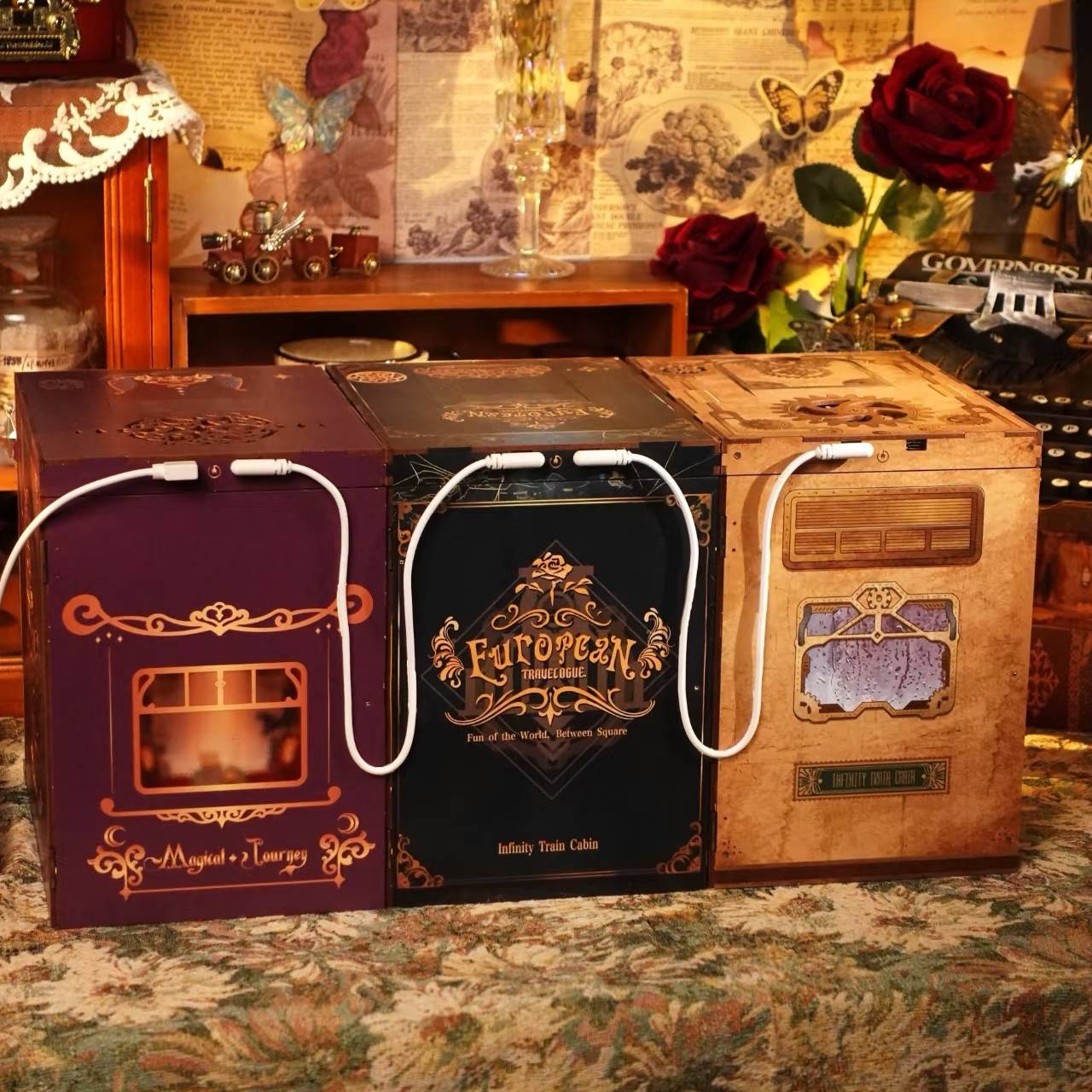 image displaying three Train Cabin Book Nooks Kit are daisy-chaining together