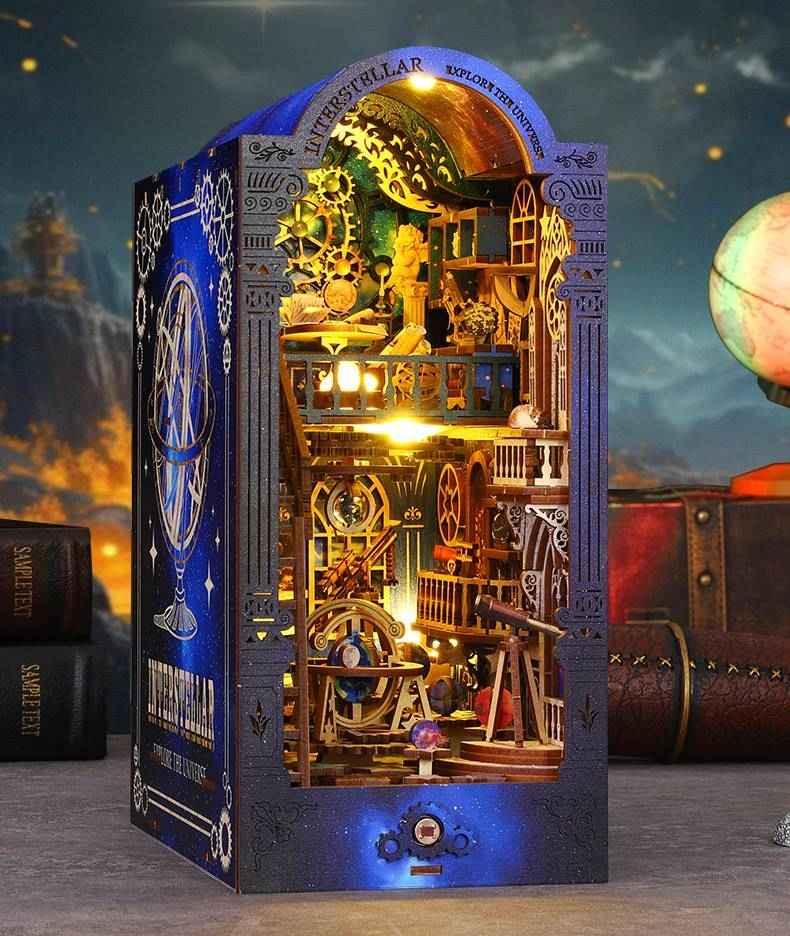 Interstellar Exploration DIY Book Nook Kit, a charming universe theme bookshelf insert decor, perfect for crafting enthusiasts and dollhouse collectors alike. - left side view