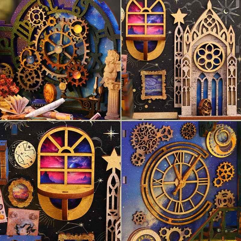 Interstellar Exploration DIY Book Nook Kit, a charming universe theme bookshelf insert decor, perfect for crafting enthusiasts and dollhouse collectors alike. - details