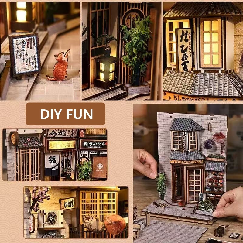 Collage of a miniature book nook model kit with various components and a hand holding the assembled model.