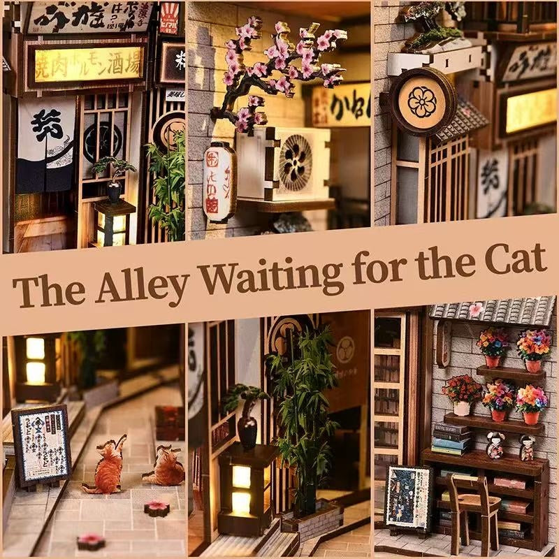 Collage of a miniature book nook model of a Japanese alley with various elements and text 'The Alley Waiting for the Cat'.