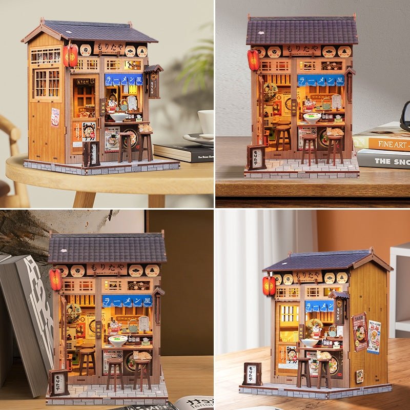 Collage of different angle views of a miniature model of a wooden Japanese ramen shop on a table