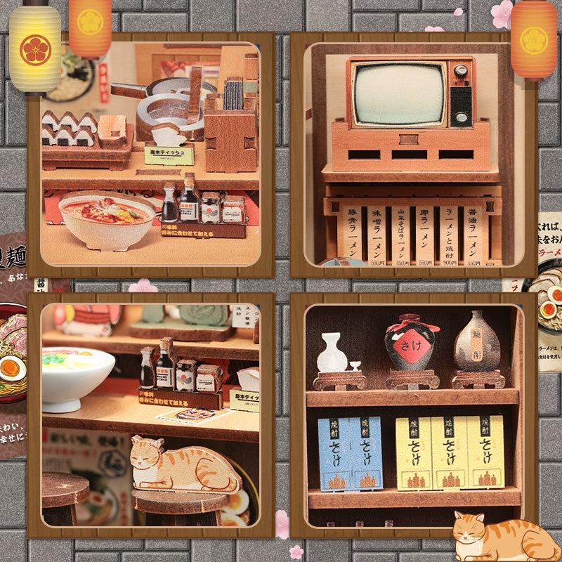 collage of miniature items including ramen bowl, a TV, cat, food, and wine