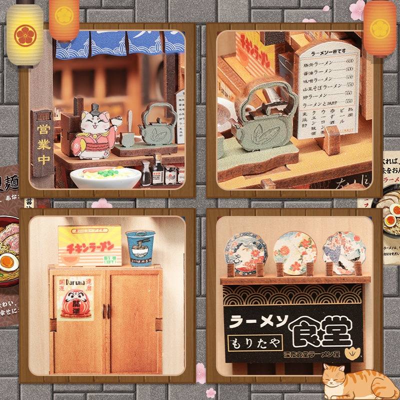 collage of Miniature scenes of a Japanese ramen restaurant with various elements like a teapot, a fortune cat, bowls, and a menu.