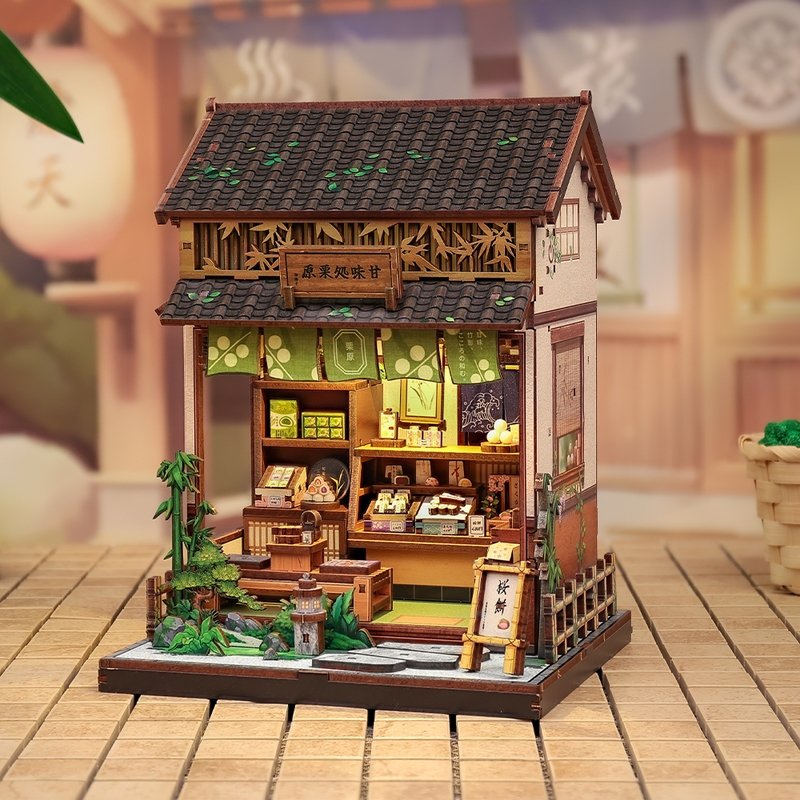 Detailed wooden miniature house of a traditional Japanese tea house on a wooden floor