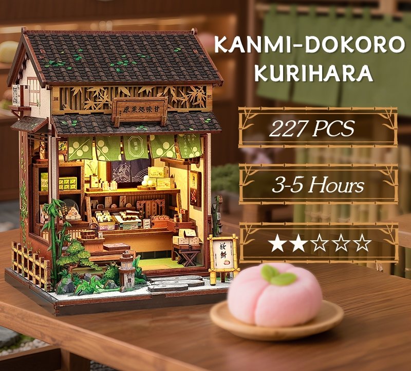 Model of a traditional Japanese sweet shop building with text indicating the number of pieces and assembly time.