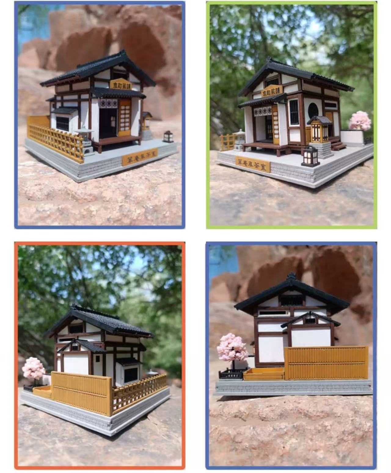 image displaying different sides of assembled and painted Japanese Tea House DIY Miniature Dollhouse Kit
