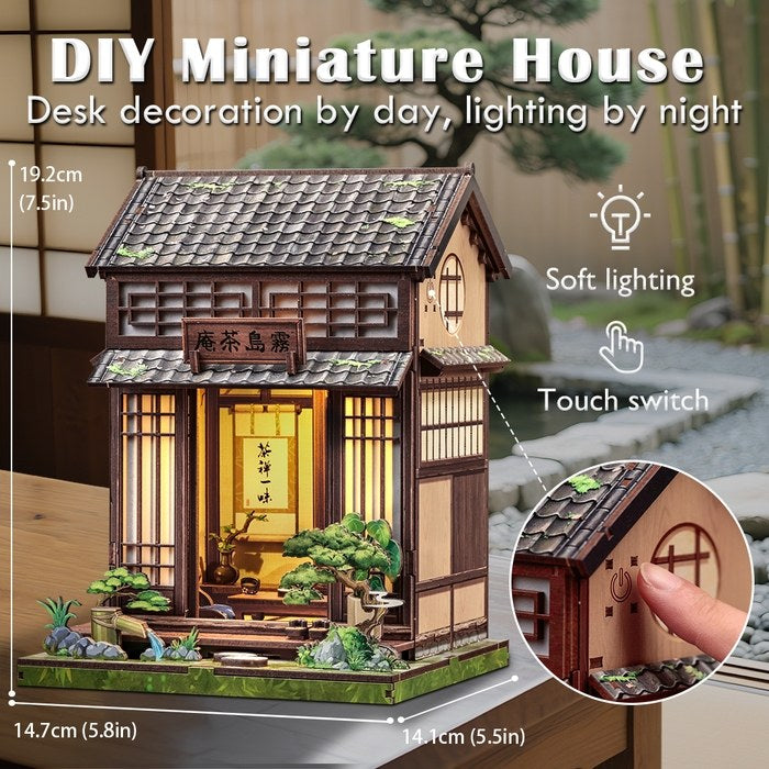 DIY miniature house with soft lighting and touch switch feature, suitable for desk decoration.