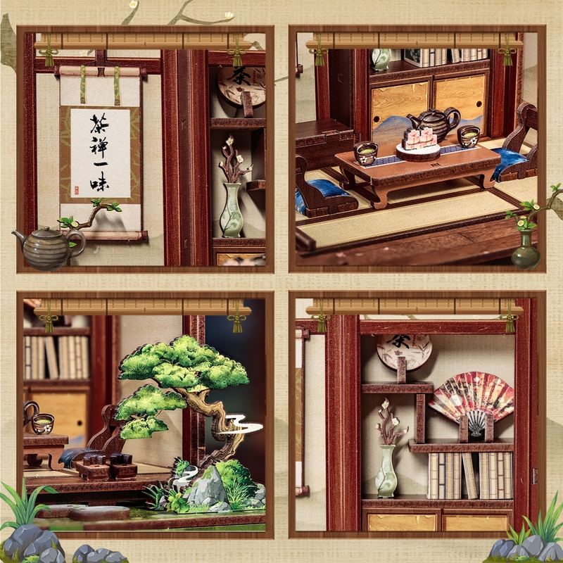 Collage of miniature rooms with traditional decor elements.