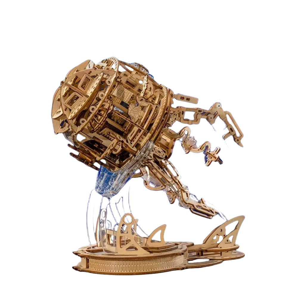 an assembled Jellyfish 3D Wooden Mechanical Gear Puzzle in white background
