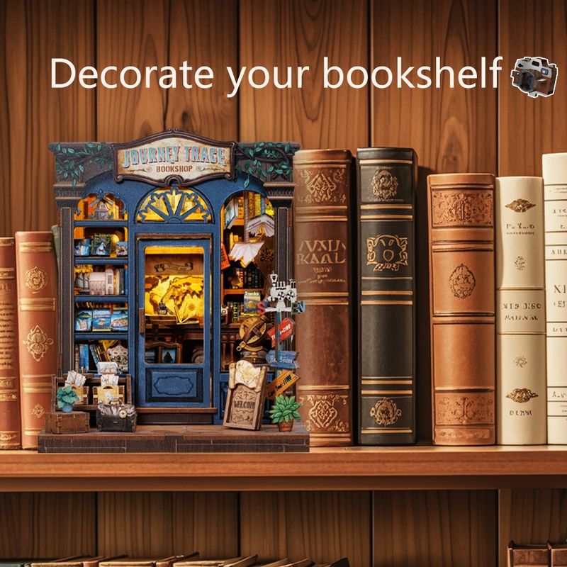 image displaying Journey Trace Bookshop DIY Book Nook Kit in a bookshelf setting