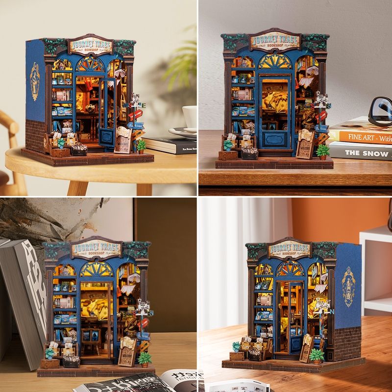 image displaying different views of Journey Trace Bookshop DIY Book Nook Kit