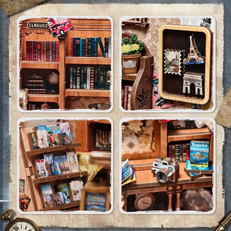 image displaying close-up details of Journey Trace Bookshop DIY Book Nook Kit