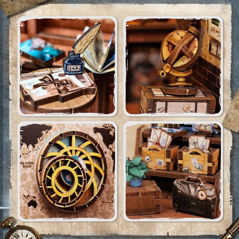 image displaying detailed miniature scenarios in Journey Trace Bookshop DIY Book Nook Kit