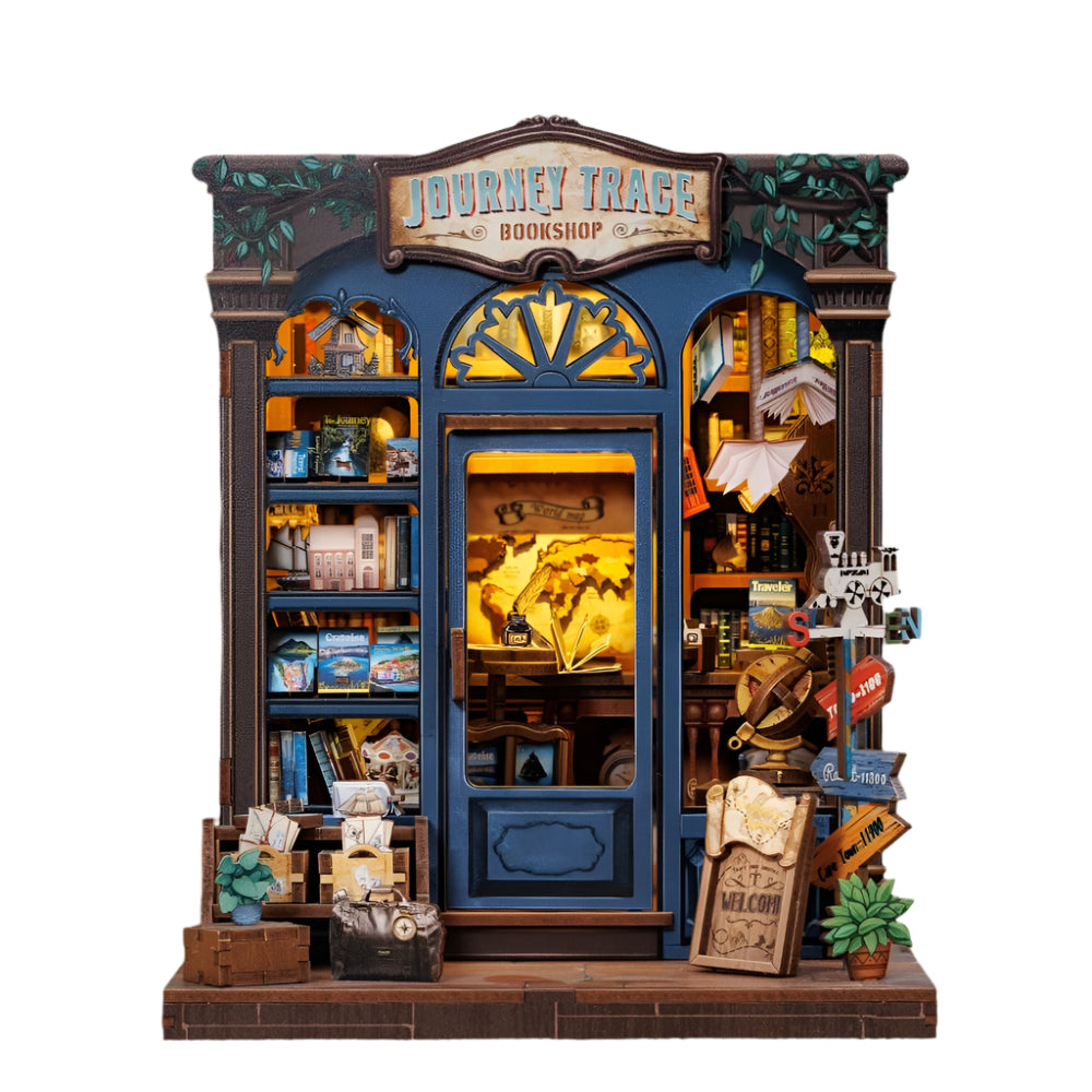 image displaying a front view of Journey Trace Bookshop DIY Book Nook Kit on table