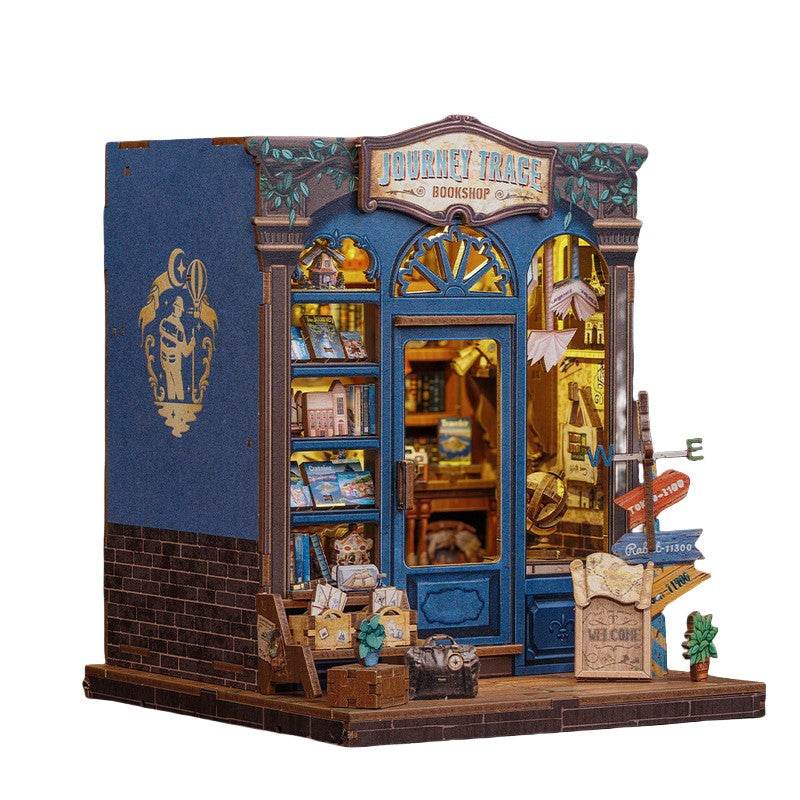 image displaying a 45 degree view of Journey Trace Bookshop DIY Book Nook Kit in white background