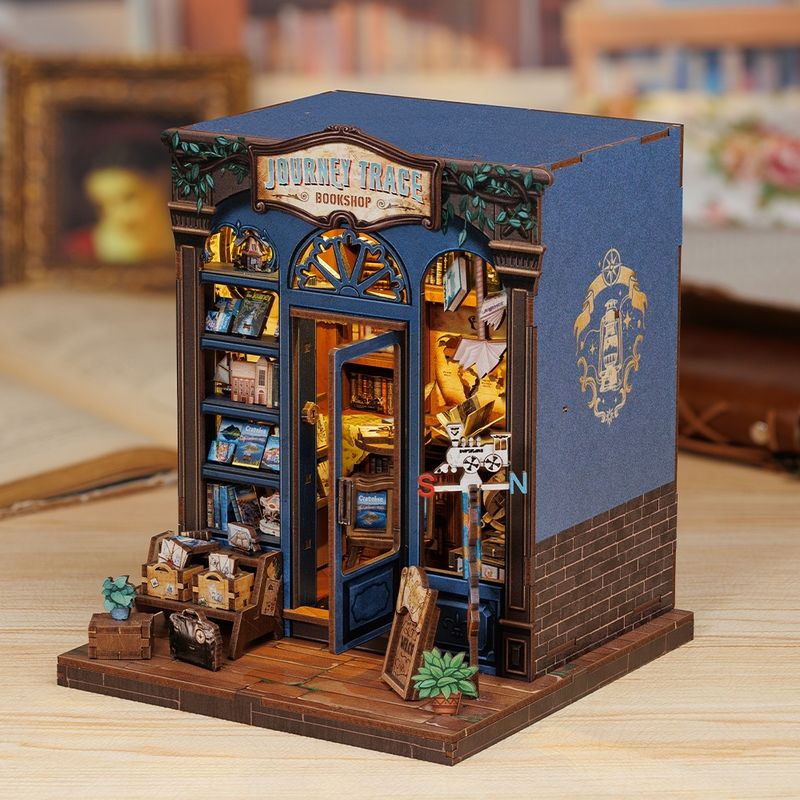 image displaying a 45 degree view of Journey Trace Bookshop DIY Book Nook Kit on table