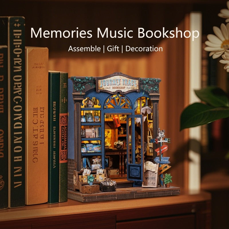 image displaying Journey Trace Bookshop DIY Book Nook Kit in a bookshelf setting