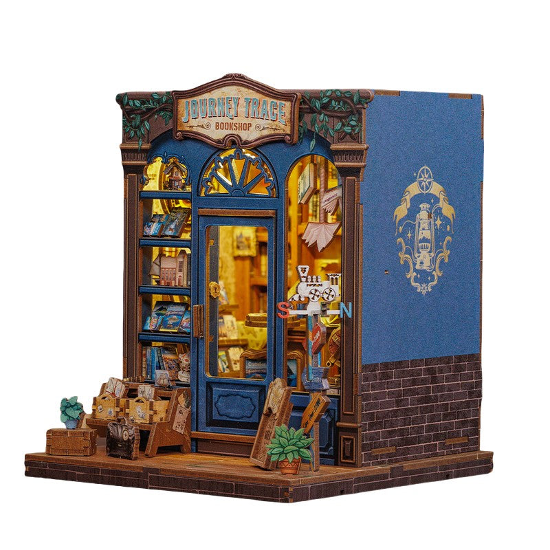 image displaying a right 45 degree view of Journey Trace Bookshop DIY Book Nook Kit in white background