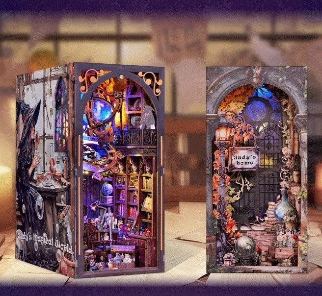 image displaying the both sides of miniature scenarios in Judy's Magic World DIY Wooden Book Nook Kit