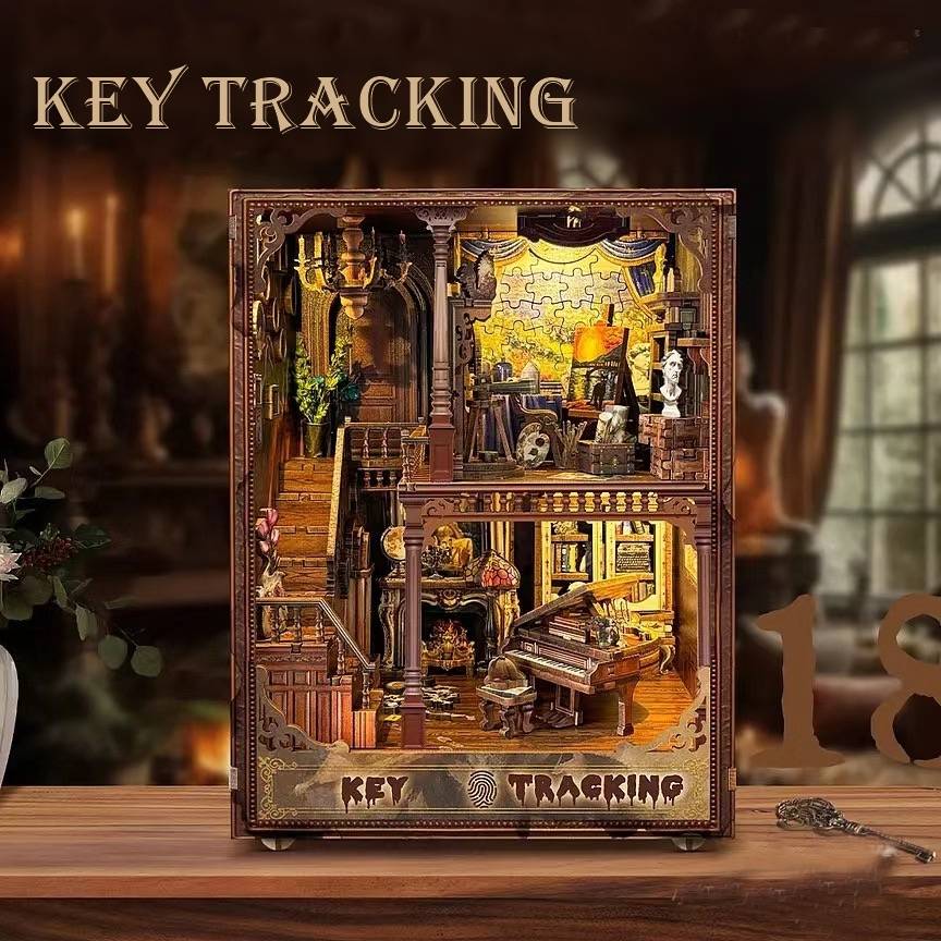 image displaying finished Key Tracking DIY Book Nook Kits on table, to showcase the intricate miniature Mystery Scene design