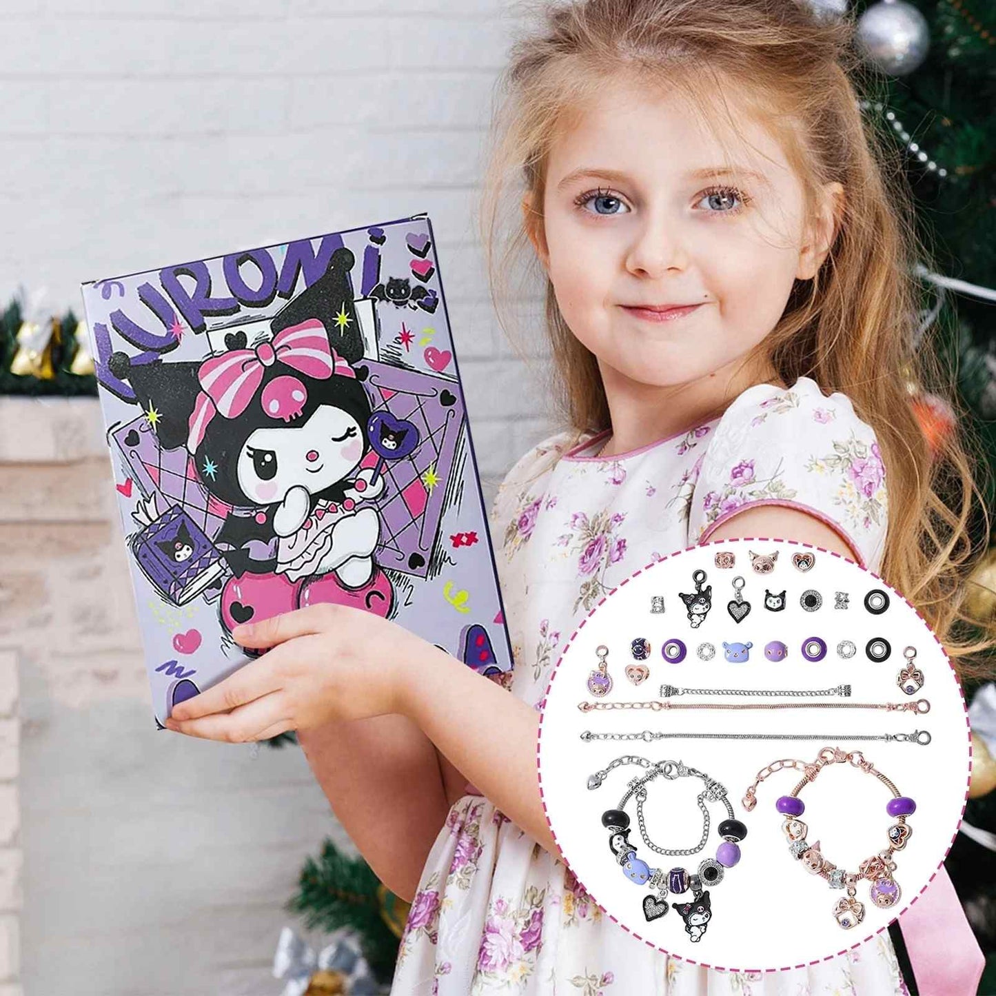 Young girl holding a Kuromi Jewelry Making Advent Calendar box with jewelry set illustrations