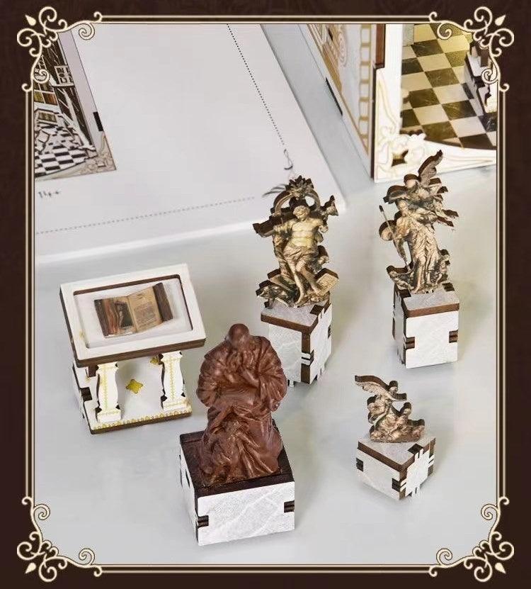 Library of Gods DIY Book Nook Kit, a miniature replica of the Admont Abbey library, featuring towering shelves filled with tiny books, a huge statue of a god, a crystal globe, and seven vaulted domes with frescoes. Perfect for bookshelf decor, and dollhouse collectors, or a gift for art lovers, history fans and DIY enthusiasts - tiny statues