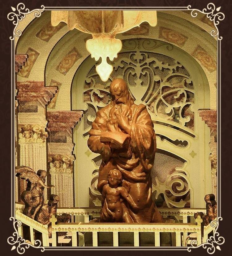 image displaying a solemn statue in the Library of Gods DIY Wooden Book Nook Kit