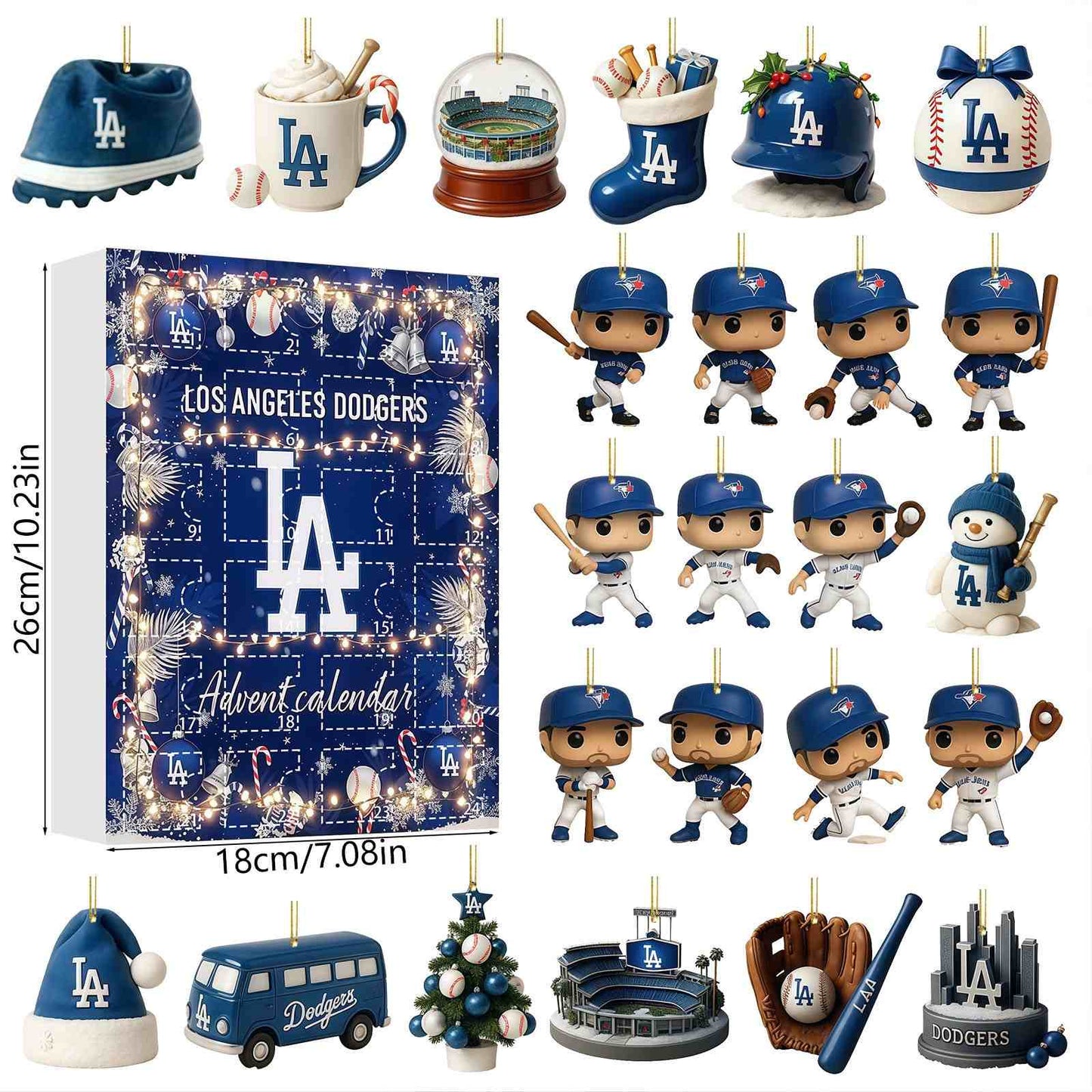 Los Angeles Dodgers Advent calendar with various collectible items on a white background