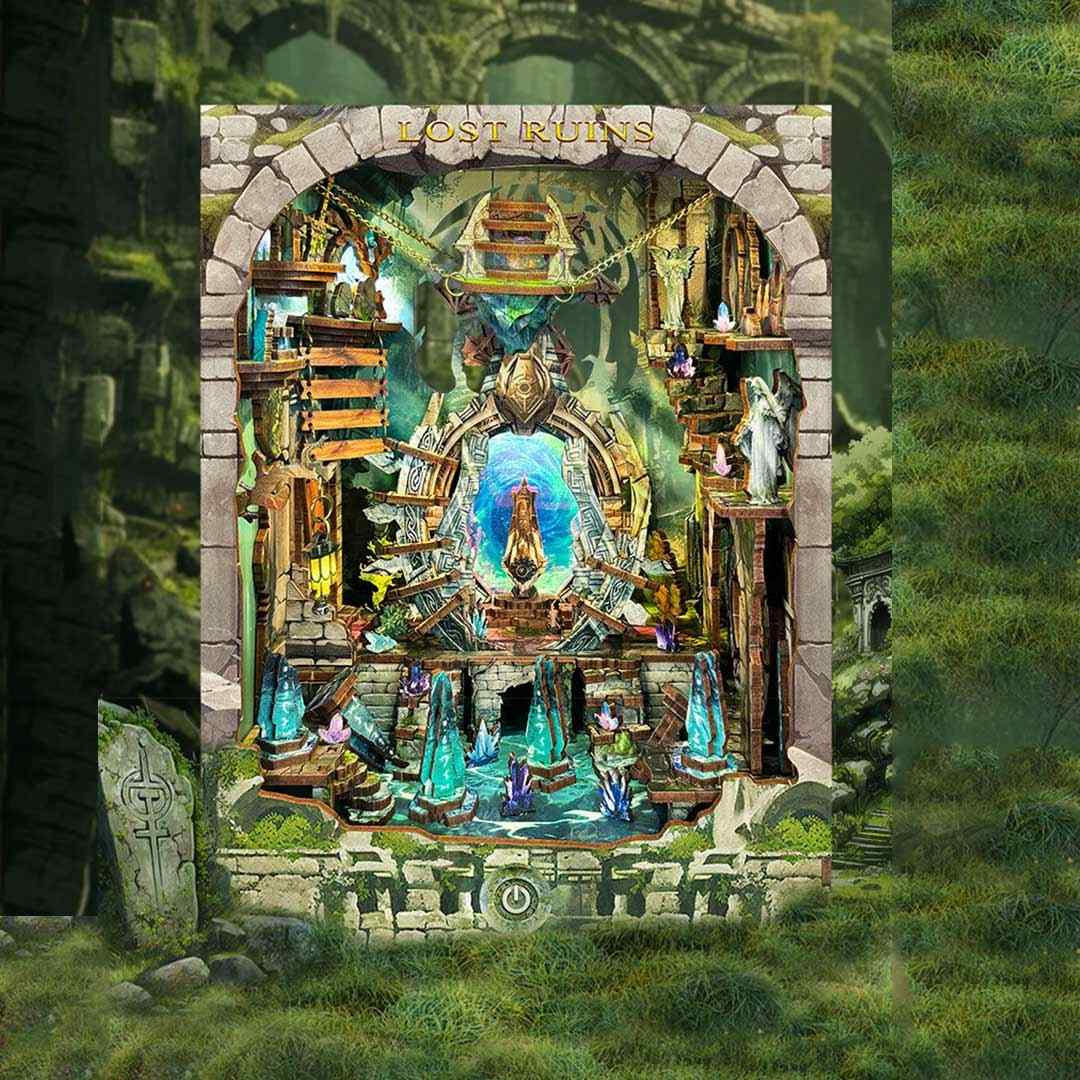 Decorative diorama of a lost ruins scene with intricate details and a stone archway.