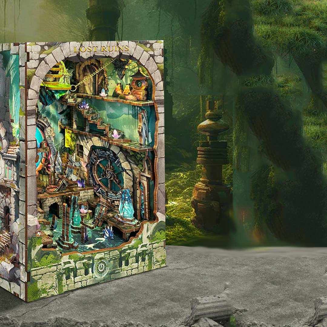 Wooden Book Nook for 'The Lost Ruins' with detailed miniature setup in a fantasy setting.