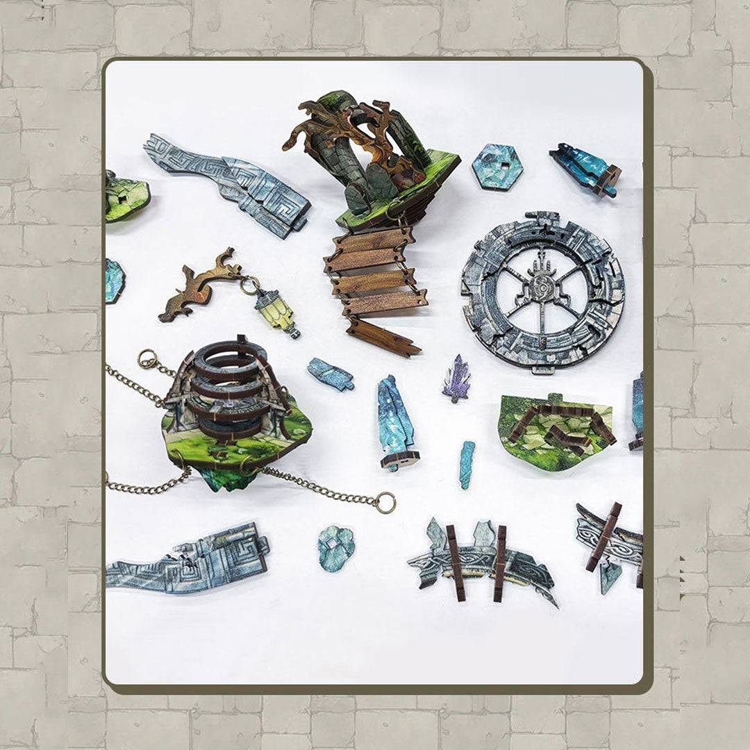 Collection of miniature pieces of Lost Ruins Book Nook on a white board